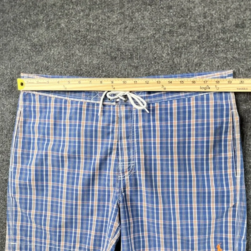 Polo Ralph Lauren Plaid Swim Trunks Blue Orange White Men's Size L Mesh Lined